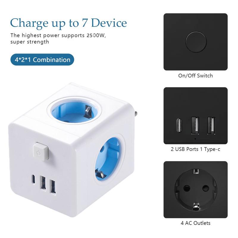 Стандартный концентратор с несколькими настенными розетками 6 в 1, тройники с 2 портами USB, портом PD, 3 розетками переменного тока и выключателем питания, адаптер питания 2500 Вт для домашнего офиса, путешествий