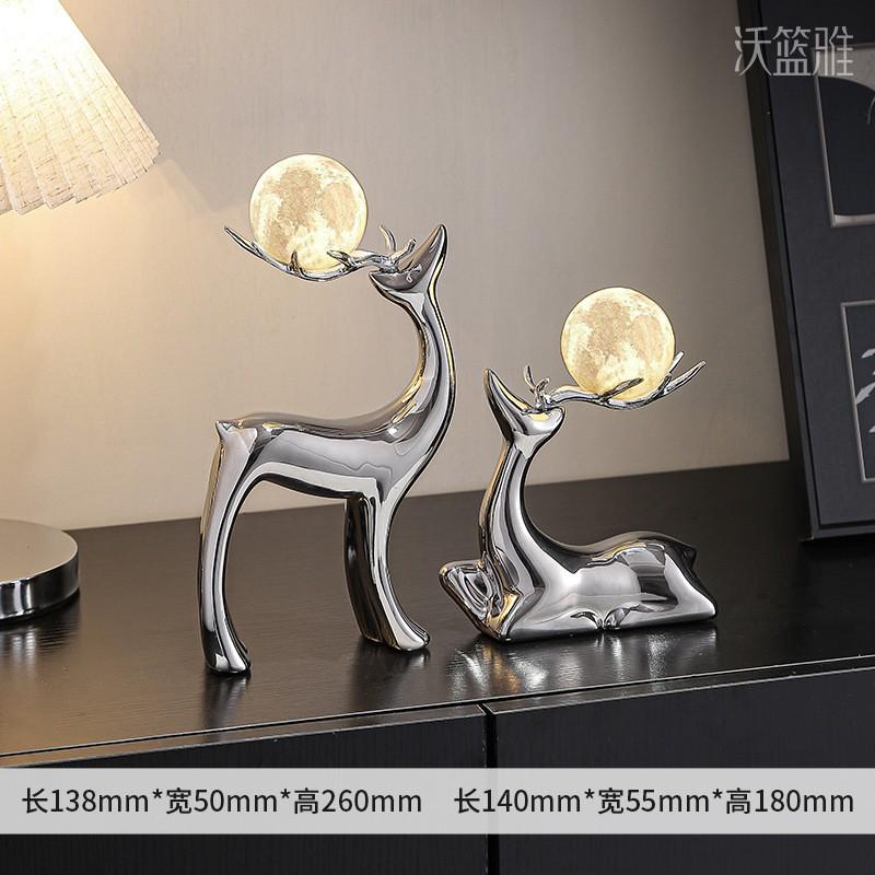 Modern Minimalist Ceramic Deer Figurine Set Living Room TV Cabinet Decor With Crystal Ball Or LED Light Option