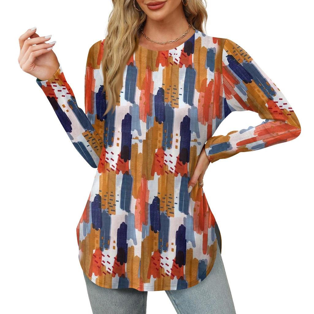 Женские рубашки с длинным рукавом и круглым вырезом, базовые свободные туники с боковым разрезом, повседневные рубашки с цветочным принтом