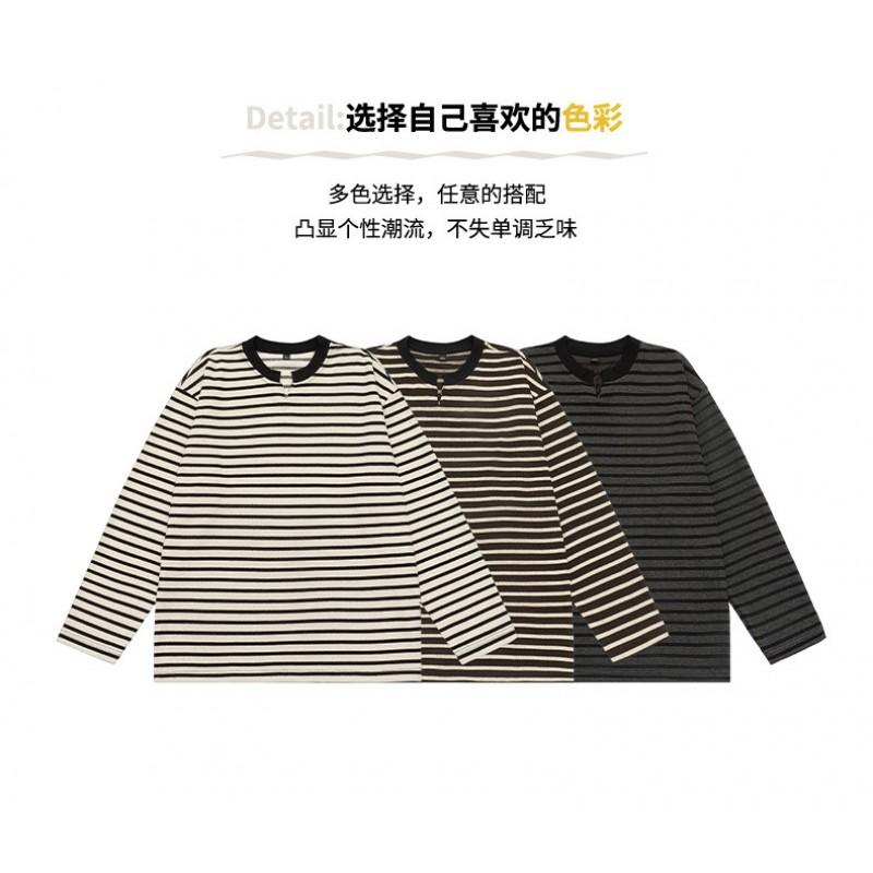 Striped Long Sleeve T-Shirt Unisex Oversized Crew Neck Cotton Tee Fall Daily Wear
