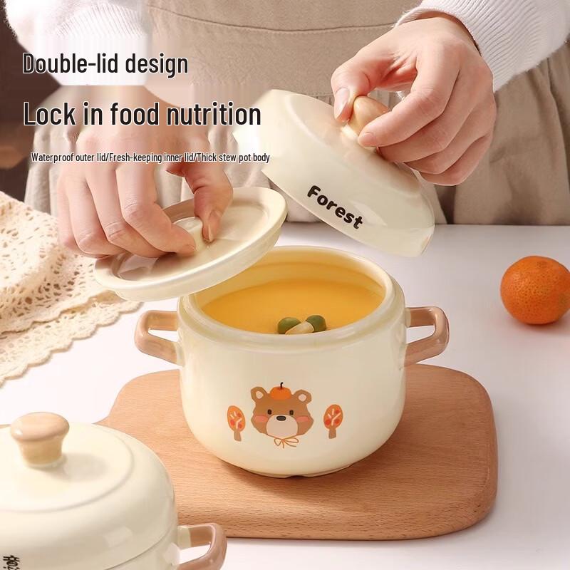 OIMG Ceramic Mini Stew Pots with Ruyi & Apple Bear Designs (2-Pack)