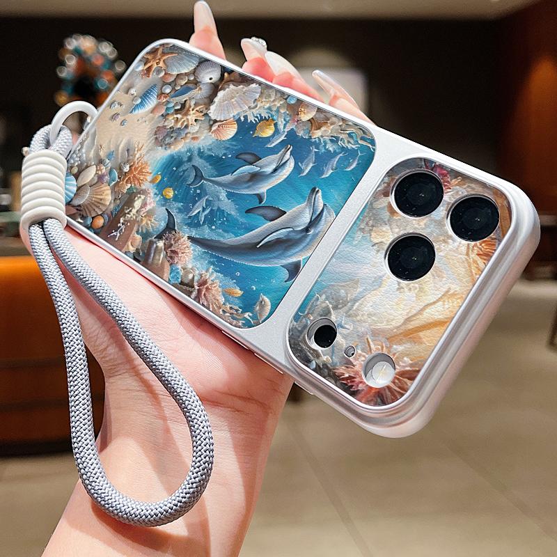Кожаный чехол-шнурок с принтом «Звездное море и дельфины» для iPhone 18 Pro Max 17 16 15 14 13 Pro Max, роскошный гибридный чехол из ТПУ+ПУ, противоскользящий, мягкий чехол для телефона