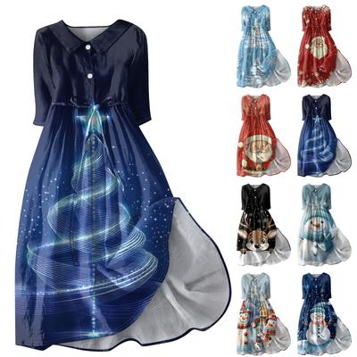 Женское модное рождественское принтовое платье с отворотом, застегивающимся на пуговицы, рукавами-семью точками и завязками