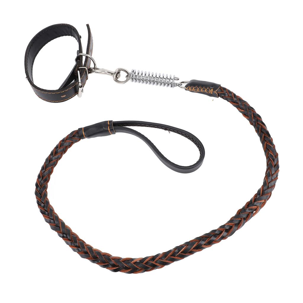 PU Leather Dog Collar Leash Set with Shock Absorbing Spring Braided Dog Training Leash for Medium