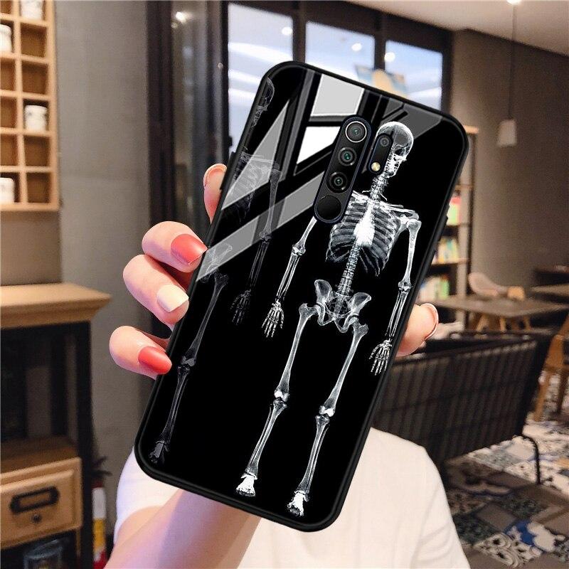 Redmi 9 Case Skull Skeleton Glass Case For Xiaomi Redmi 9 C 9C NFC 9A 8A 8 7A 7 Mi 9T Pro 9 Lite 8 SE Tempered Glass Hard Cover