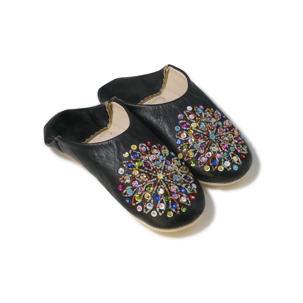 Odorless Leather Babouche Slippers Color Slippers [cocomorocco] (Mixed Sequins) Moroccan/Indoor (Black, 22-Point, 0-Centenometer)
