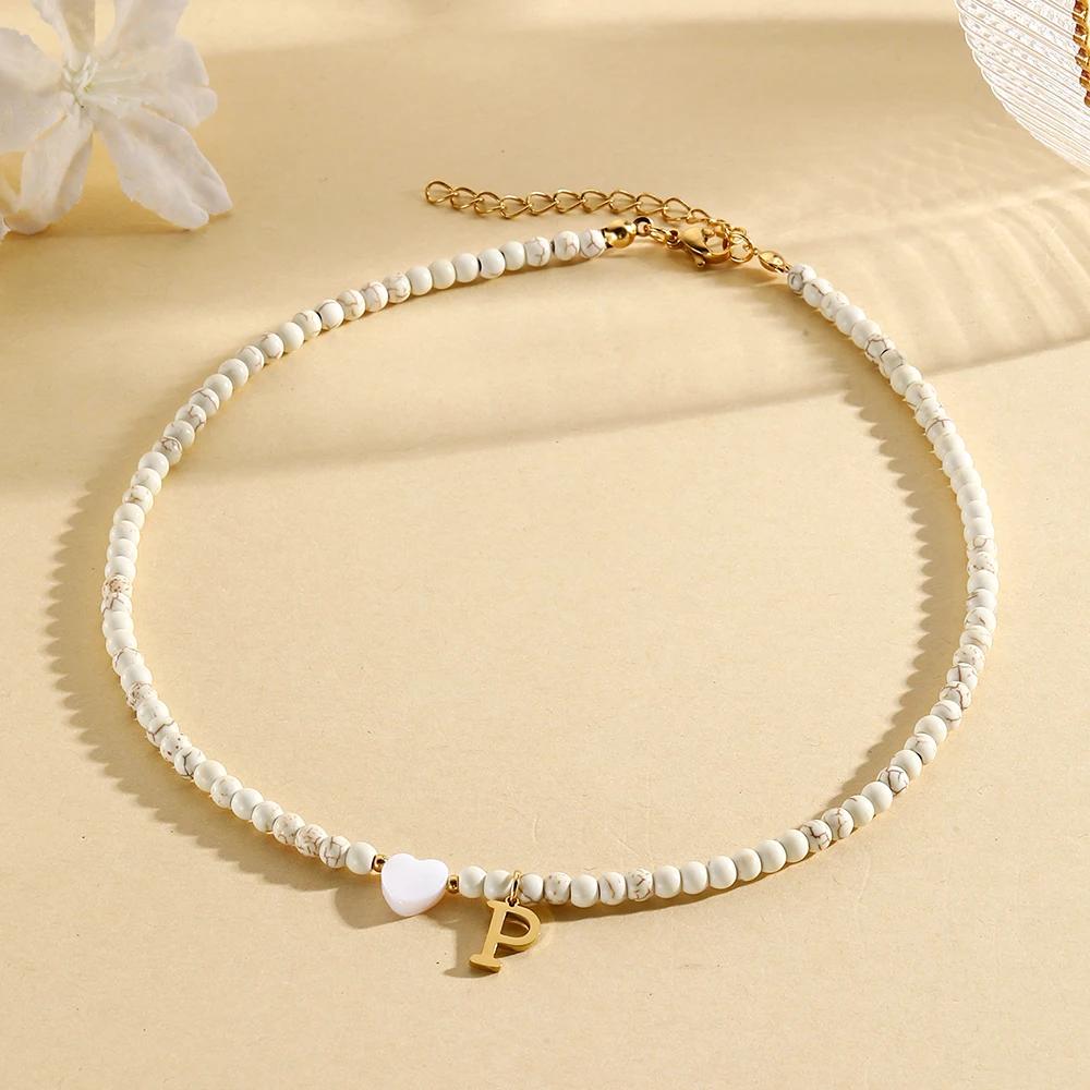 Bohemian Choker Neck Initial Necklaces Heart-shaped Shell Letter Pendant Beads Women's Stainless Steel Necklace Woman Trend2025