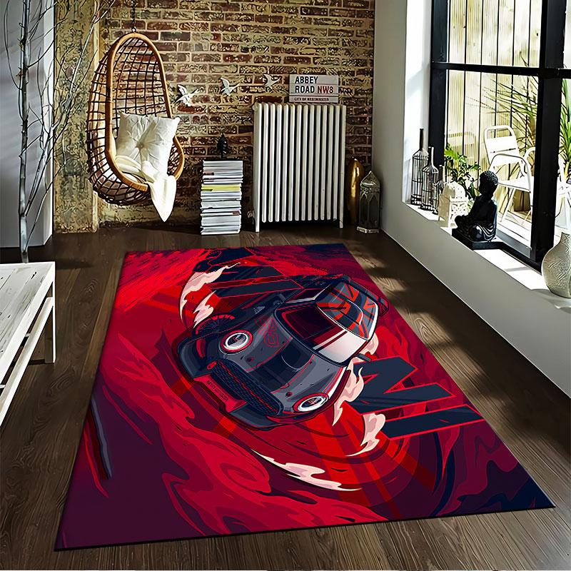 Red Car Racing with Union Jack suitable as a non-slip mat for the living room or bedroom sofa