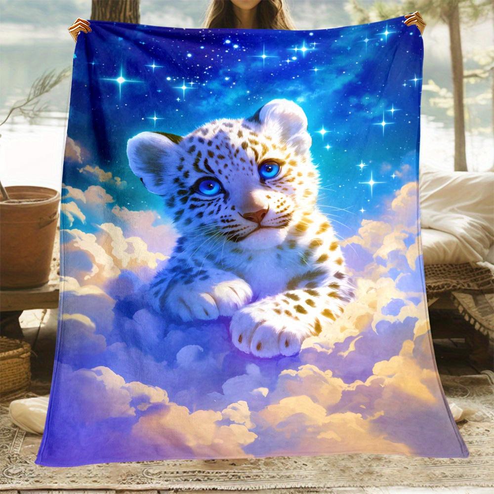 Snow Leopard Cub Flannel Blanket Starry Sky Clouds Background Blue Eyes Animal Art Soft Fleece Throw Dreamy Celestial DesignHome
