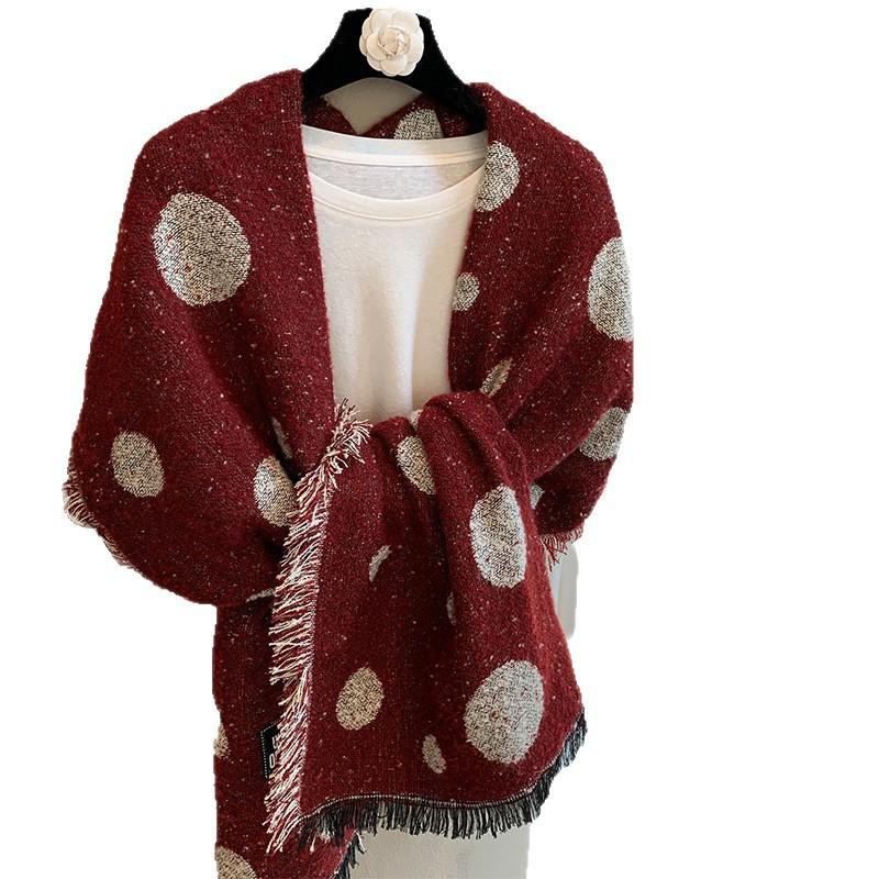 Stylish Polka Dot Knitted Scarf Women Warm Winter Wrap Elegant Shawl With Short Fringe 76x210cm