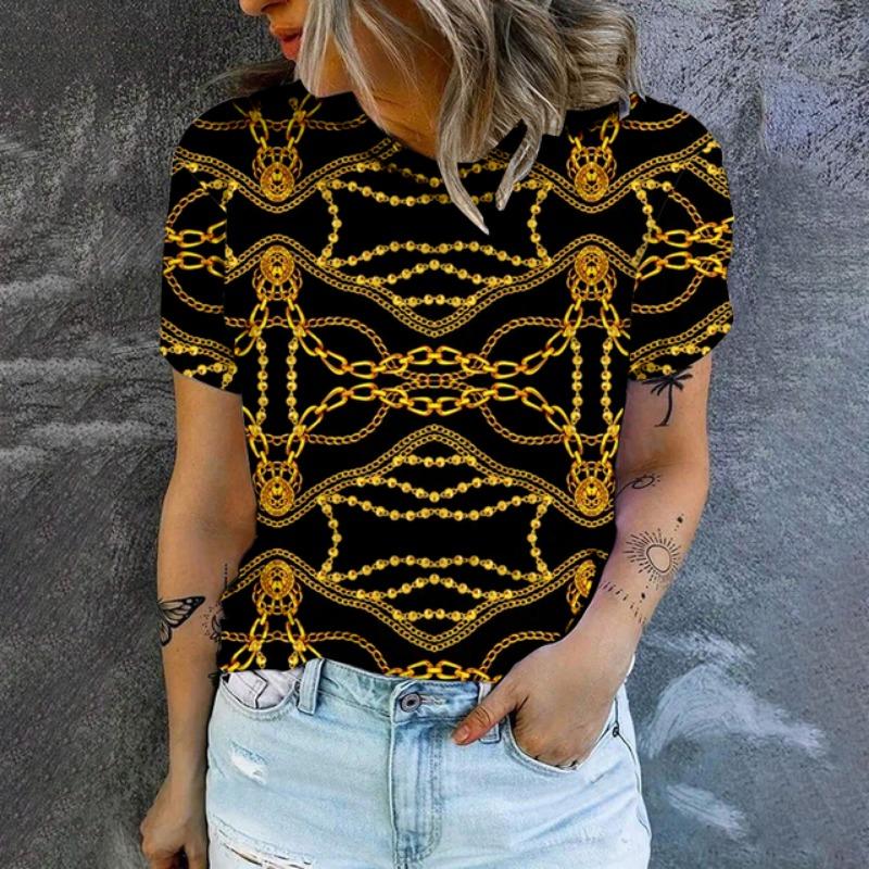Женская футболка с принтом в стиле ретро с золотым ожерельем Футболка с модной популярной одеждой Футболка большого размера Летняя женская футболка с круглым вырезом