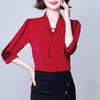5XL Chiffon Shirt T-shirt Women's 3/4 Sleeve Bow Loose Fit Shirt Mom's Fashion Age Reducing Versatile Top