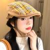 Yellow Plaid Forward Hat, Female Versatile, Showing a Small Face, Wearing a Beret, Big Head Circumference, Holes, Peaked Cap Tide