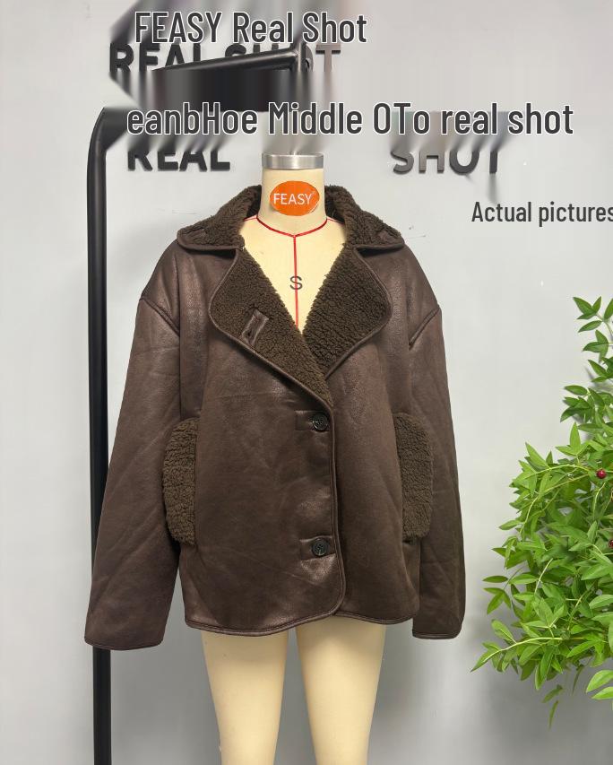 European and American Style Women's Lambswool Shearling Coat with Turn-down Collar