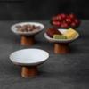 Handmade Woven Wooden Base Ceramic Plate Tall Feet Refreshment Tray Dessert Plate Cake Pan Snack Plates Fruit Salad Bowl Dishes