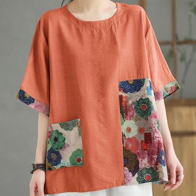 Винтажная женская футболка с круглым вырезом и коротким рукавом, летняя хлопковая дышащая футболка с цветочным принтом в стиле пэчворк, свободная легкая удобная футболка для работы и отдыха