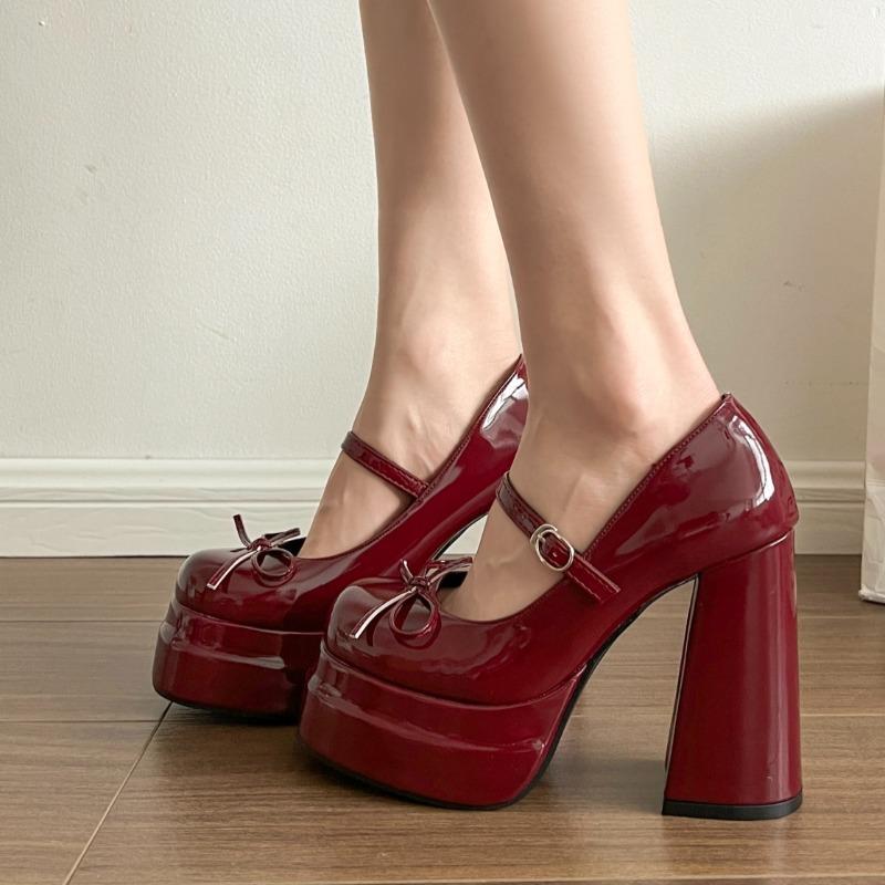 Super High Heel Mary Jane Shoes Women's Retro Round Toe Shallow Mouth Bow Platform One Strap Block Heel Single Shoes