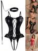 Горячая сетка Сексуальное кожаное боди Эротические Тедди Платье Экзотическое боди-бельё Женское BDSM Бандажное ПУ снаряжение Фантазийное кукольное бельё