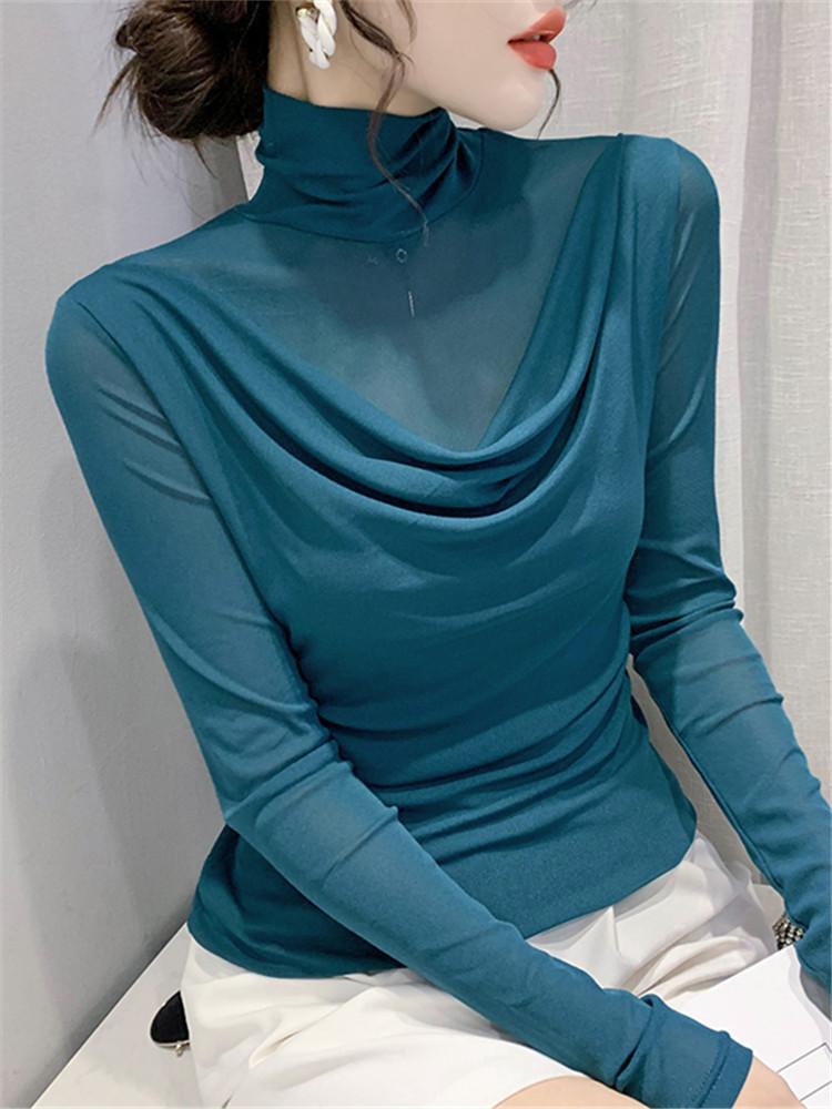 Корейский сетчатый принт Four Seasons of High-neck Mesh Long Sleeves Tops Женская футболка Outside Slim Fall Bottoming Shirt