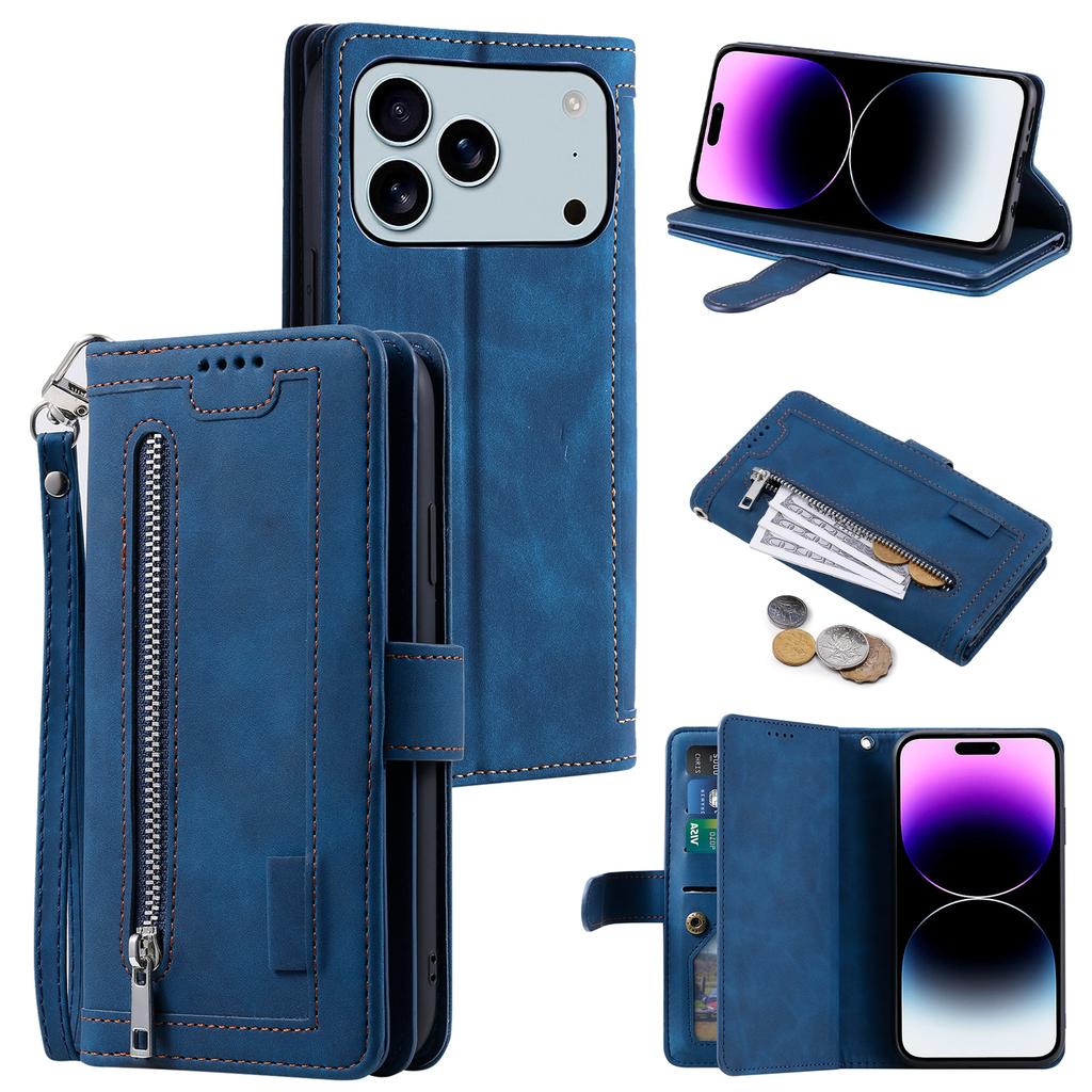 For iPhone 17 Pro Max Case 9 Card Slots Zipper Wallet PU Leather Phone Cover with Wrist Strap