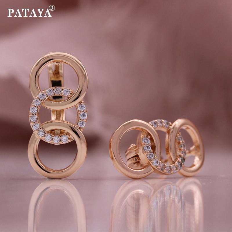 PATAYA 585 Rose Gold Color Round Geometric Inlay With Microwax White Artificial Zircon Earrings