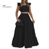 2 шт./компл., летний женский укороченный топ с юбкой, комплект с гофрированной квадратной шеей, высокой талией, без рукавов, трапециевидной формы, в стиле пэчворк, большой подол, с открытой спиной, сплошной цвет, пляжный отдых