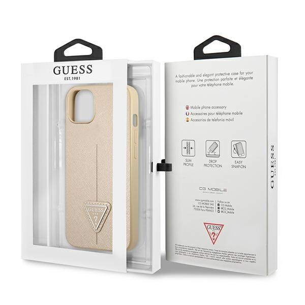 Etui do iPhone 13 mini Guess Saffiano Triangle Logo Beżowe