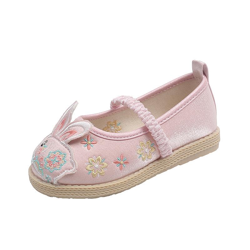 Детская вышитая обувь из ткани кролика, обувь для девочек в китайском стиле, праздничная винтажная детская обувь на плоской подошве, модная обувь ханьфу с мягкой подошвой