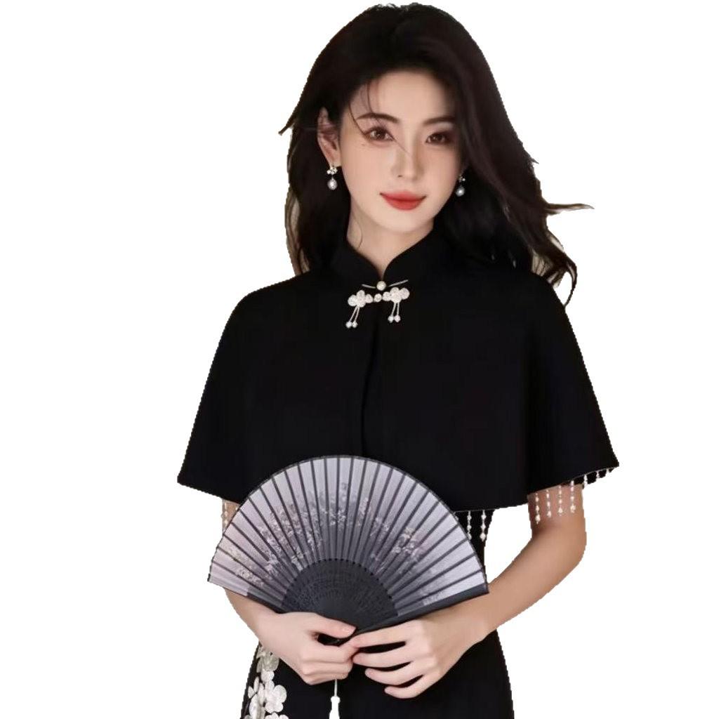 Black cheongsam new Chinese shawl with banquet women's pearl tassel Republic of China temperament small dress coat cape