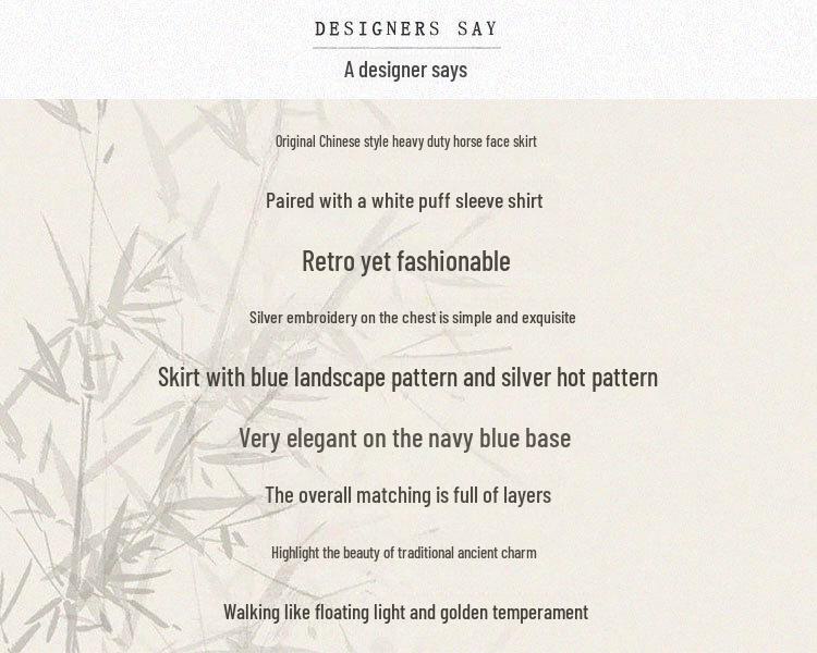 Вышитый китайский стиль Ханьфу: Комплект из топа с короткими рукавами и юбки с градиентным темно-зеленым принтом Horse-Face