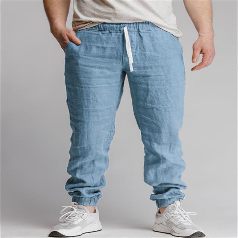 Модные новые мужские повседневные брюки из хлопка и льна с перекрестными краями, новые однотонные спортивные брюки для отдыха с дышащими штанами на шнурке