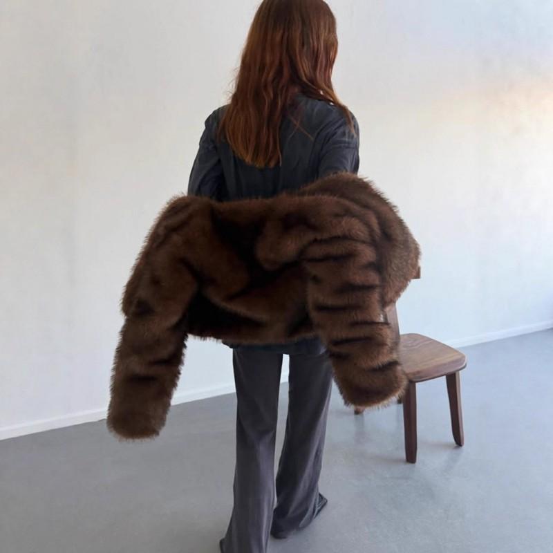 Womens Faux Fur Short Coat With Moon Collar Streetwear Chic Outerwear Brown Long Sleeve Fall 2025