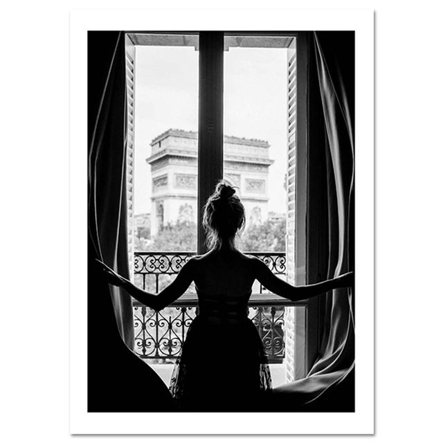 Скандинавские постеры и принты черно-белая Парижская девушка в окне балетные туфли холст картина настенное искусство декоративная картина для гостиной