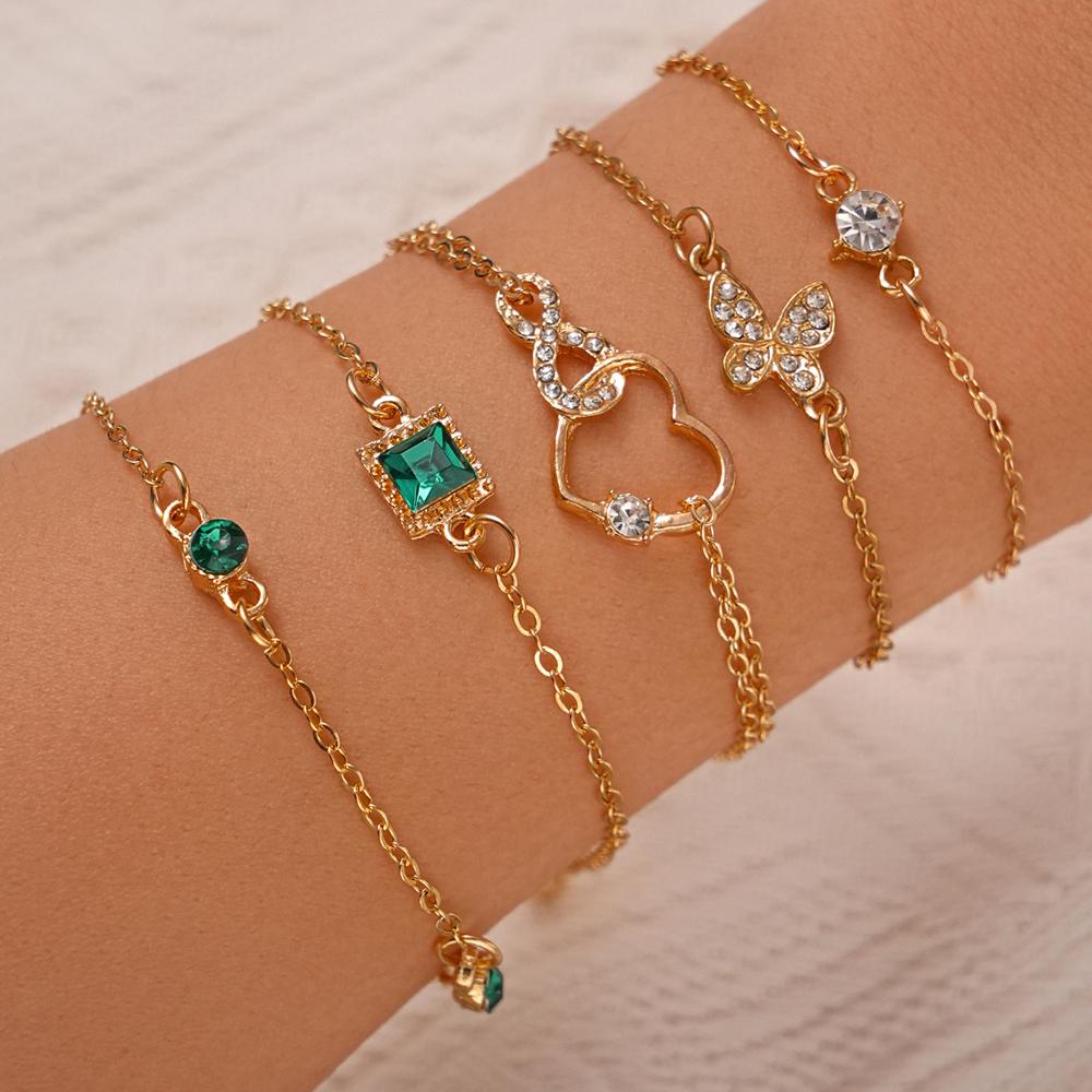 5 Piece Set Of Ladies Fashionable And Elegant Jade Sparkling Square Butterfly Heart Bracelet Wedding Birthday Zircon Gift Party