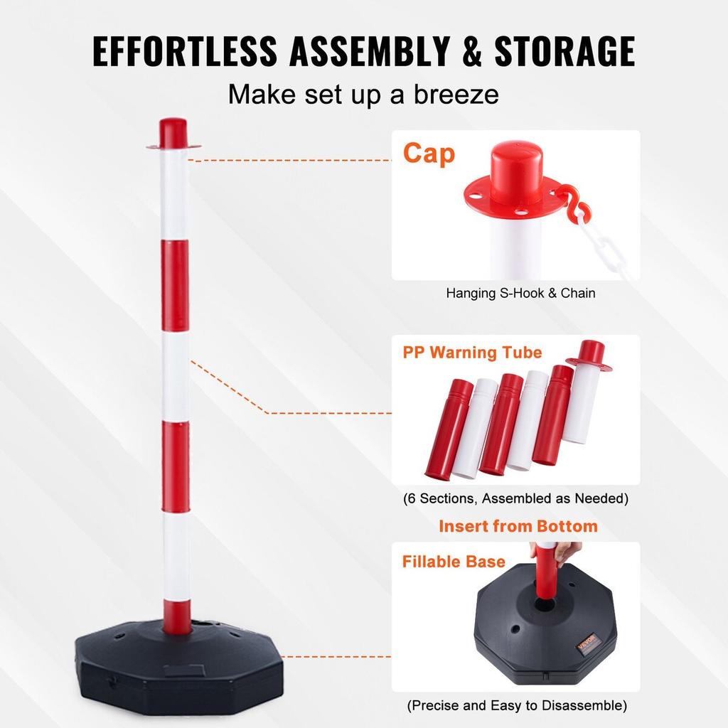 Adjustable Traffic Delineator Post Cones, 6 Pack, Traffic Safety Delineator Barrier with Fillable Base 6.6FT Chain, for Traffic Control Warning