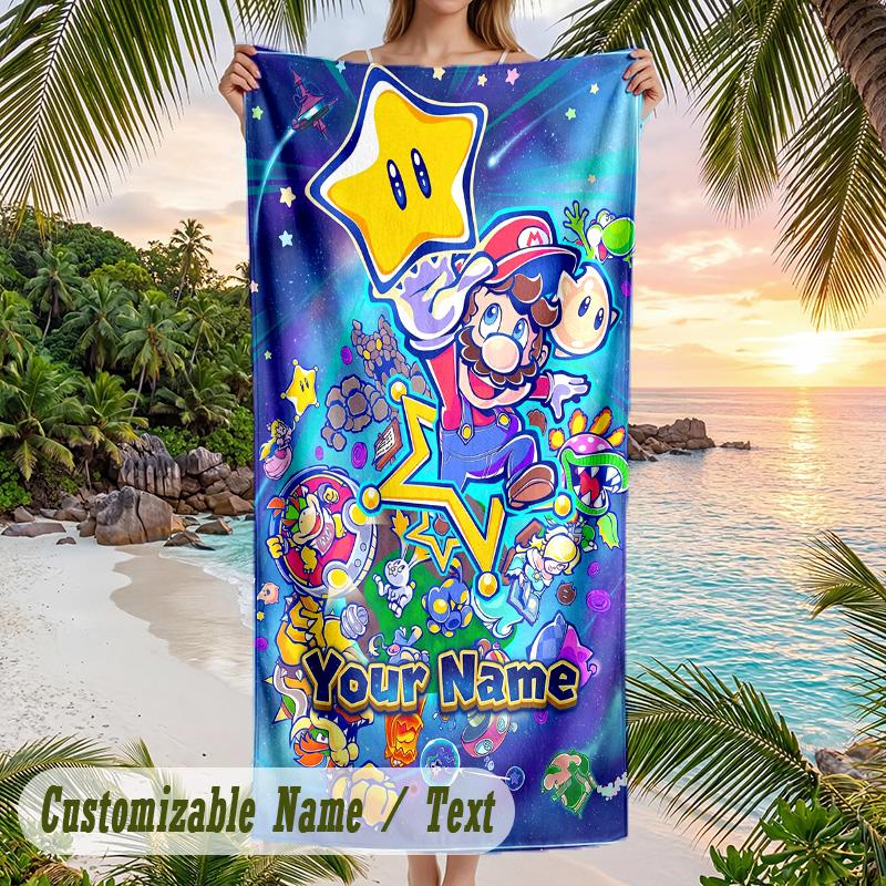Super Mario Beach Towel, Personalized Custom Text, Quick Dry Soft Large Towel For Swimming Pool Travel
