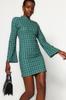 Women's Dress New Season Fashion Emerald Green High Collar Printed Spanish Sleeve Fitted Mini Knitted Dress