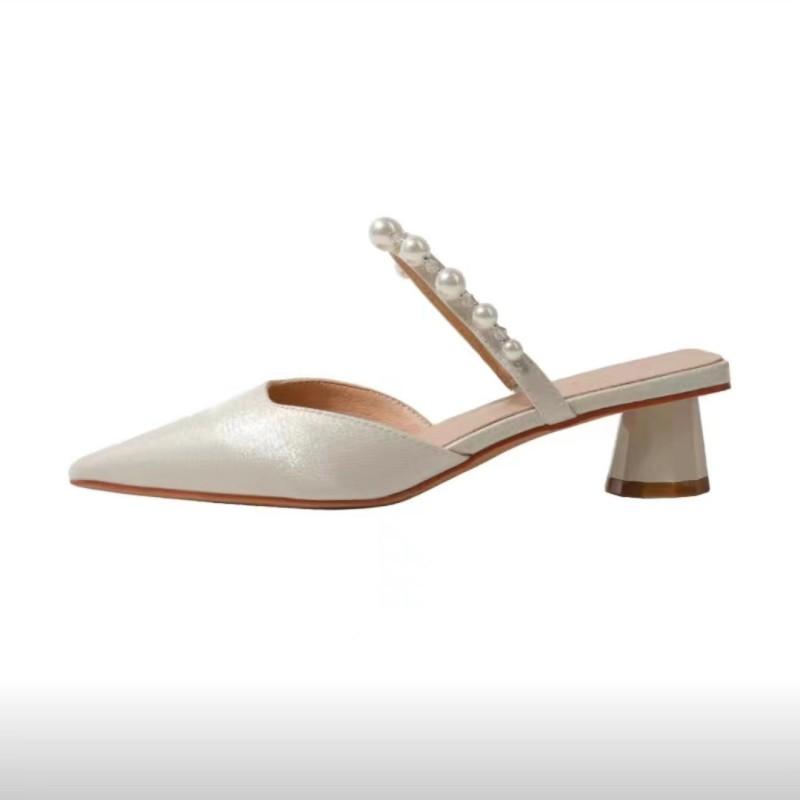 Мода 2024 Лето Новые остроносые однотонные прозрачные ленточные жемчужные тапочки с неглубоким носком для женщин Простые и удобные высокие каблуки