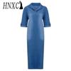 HNXC Летнее джинсовое платье для женщин, повседневные весенние синие макси-платья с V-образным вырезом и рукавом до локтя, большие размеры, длинные платья с разрезом