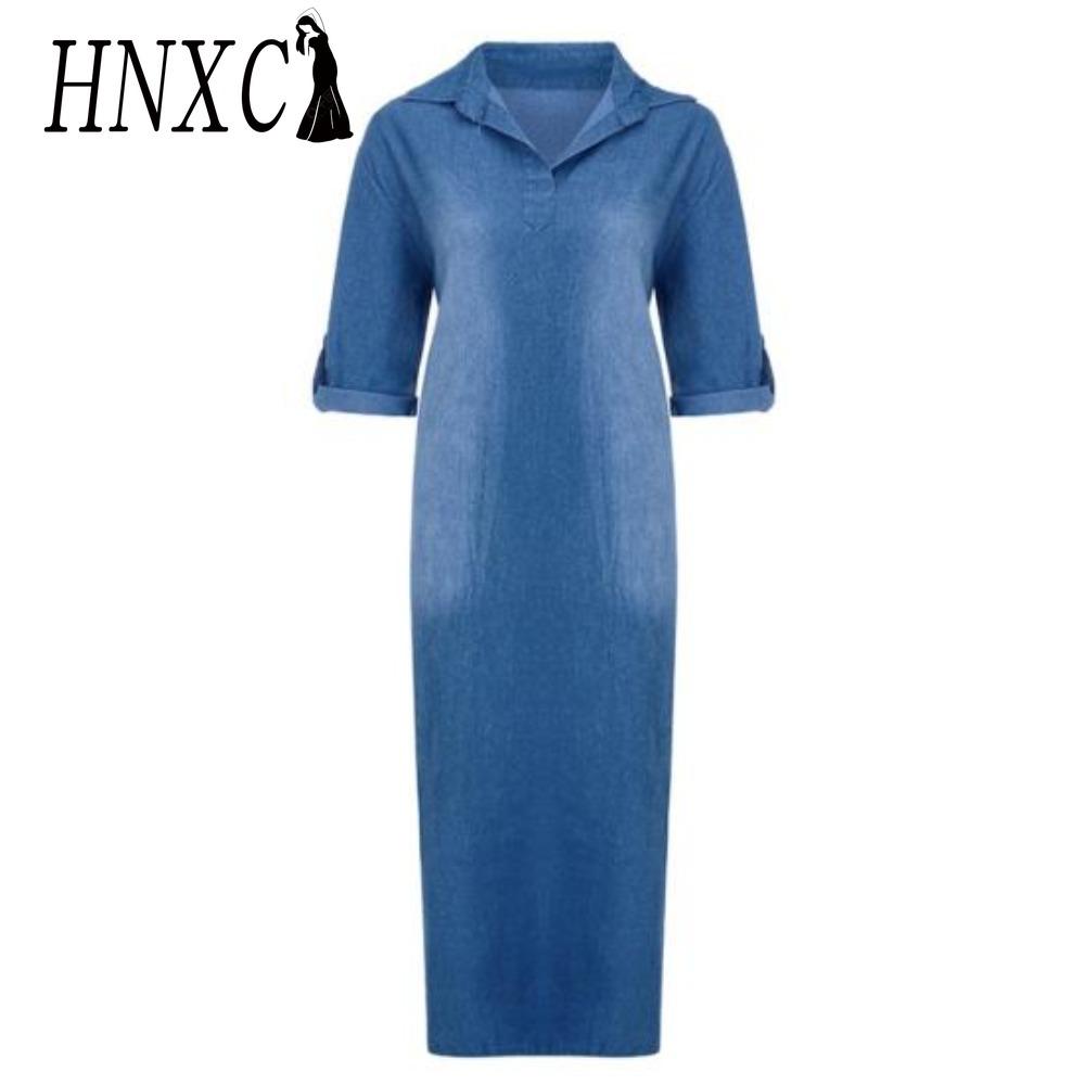 HNXC Летнее джинсовое платье для женщин, повседневные весенние синие макси-платья с V-образным вырезом и рукавом до локтя, большие размеры, длинные платья с разрезом