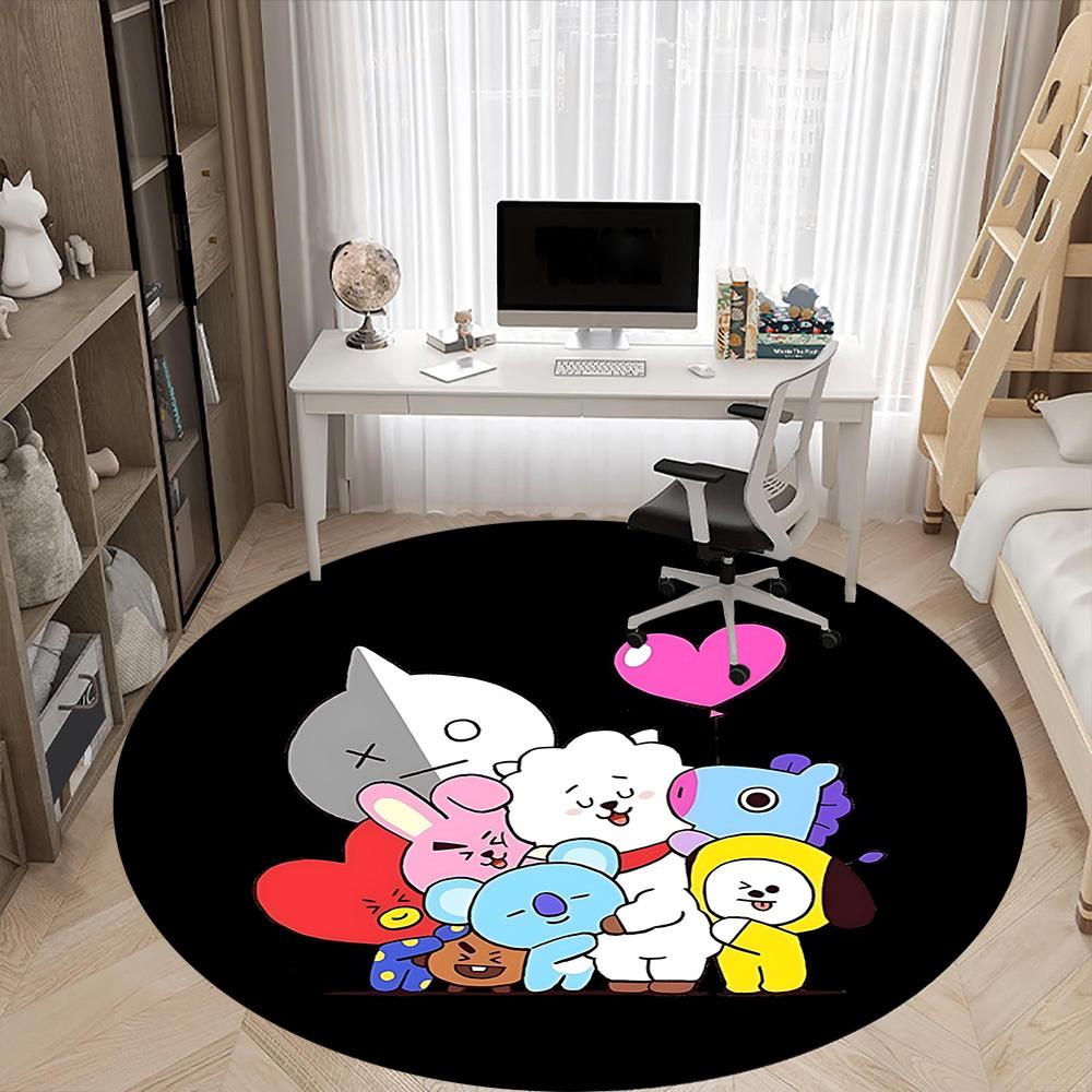 1 шт. Круглый коврик BT21 для офиса - Идеально подходит для декора офиса или кабинета, Машинная стирка, Нескользящая основа, Декоративный коврик для пола