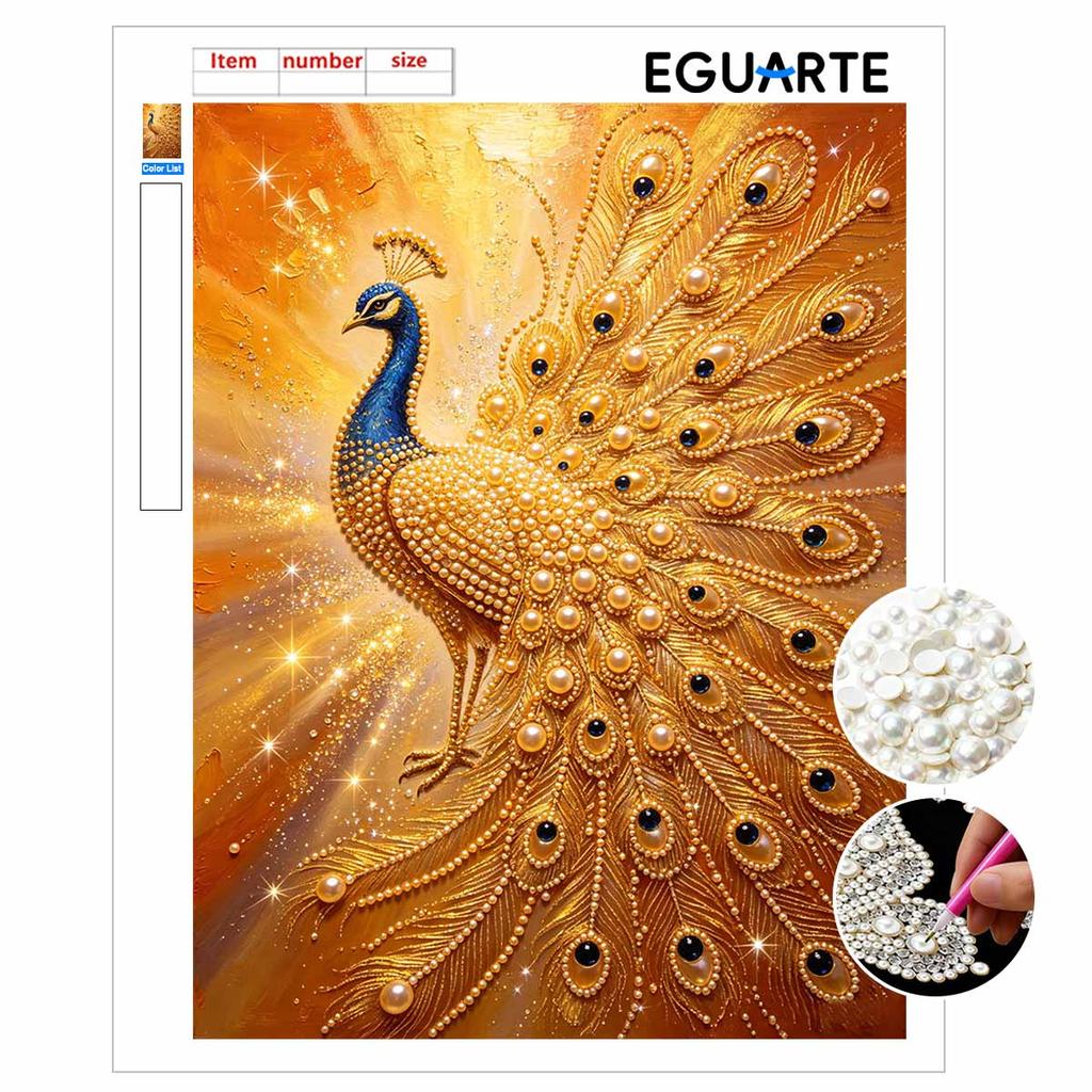This golden peacock pearl painting kit features 5D pearls and a mosaic art style. designed for home wall decoration.