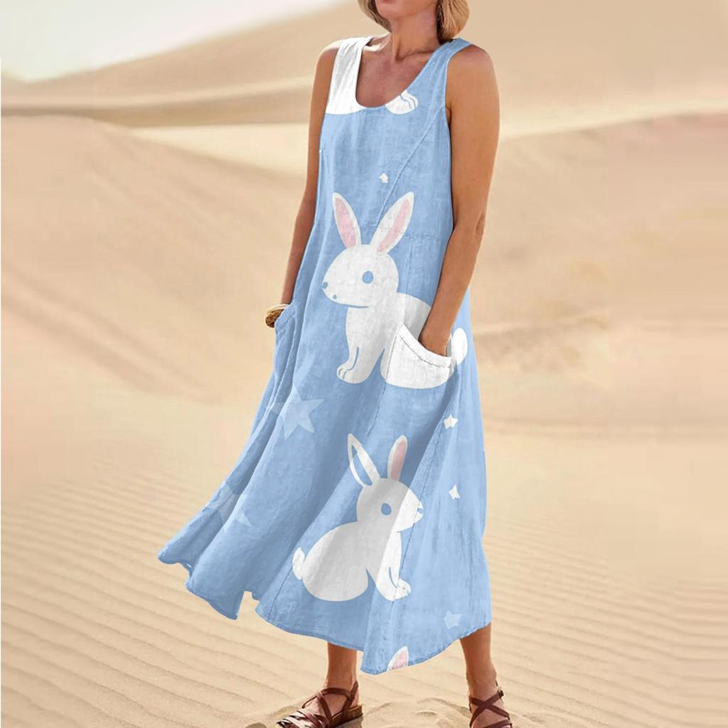 Women's Summer Casual Fashion Easter Printed Sleeveless Round Neck Pocket Dress