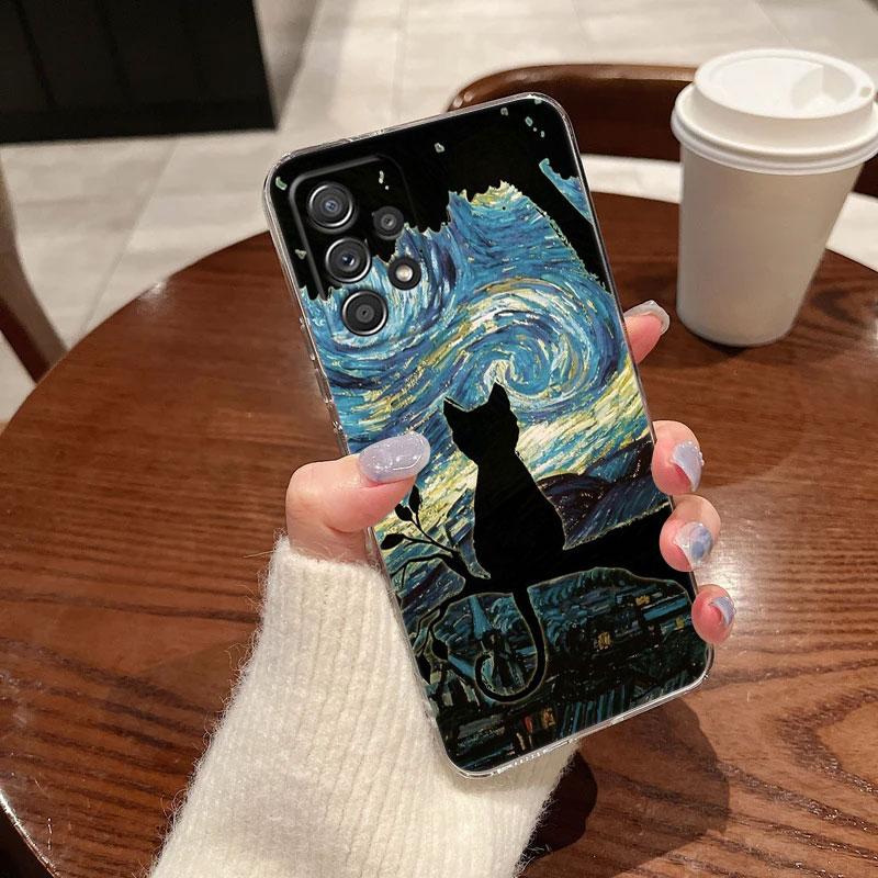 Кот Ван Гог Звездное небо Для Samsung Galaxy A55 Чехол A54 A52 A53 5G A15 A14 A13 A23 A51 A34 A35 A33 A32 A72 A71 Прозрачный чехол для телефона