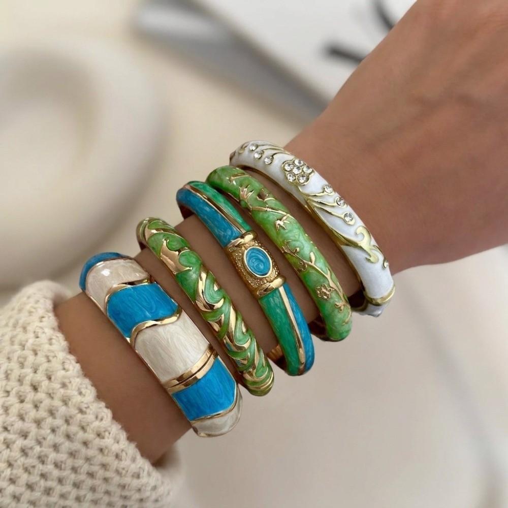 Dripping Oil Enamel Cuff Bracelet Flower Wide Cuff Bangle Retro Geometric Cloisonne Bangle Women