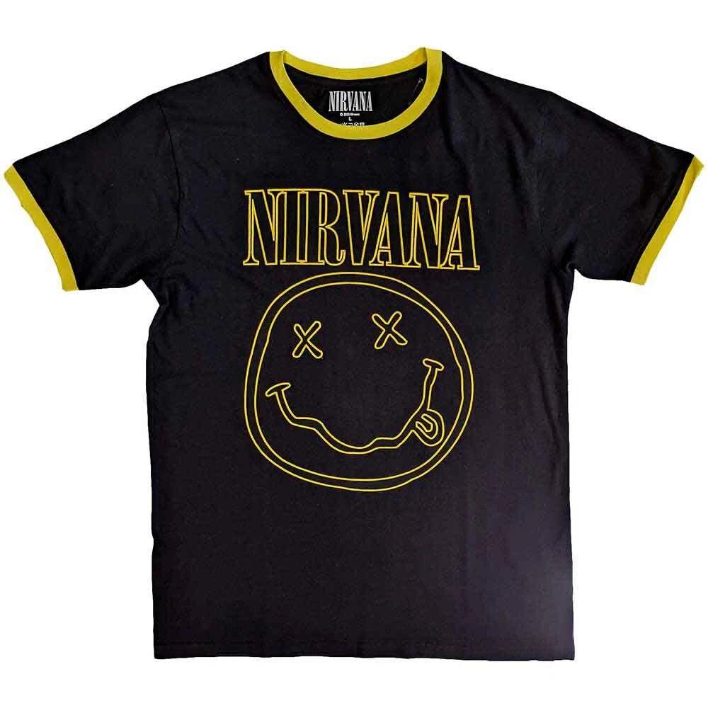 Nirvana 'Outline Happy Face' Черная футболка с контрастными рукавами - НОВАЯ