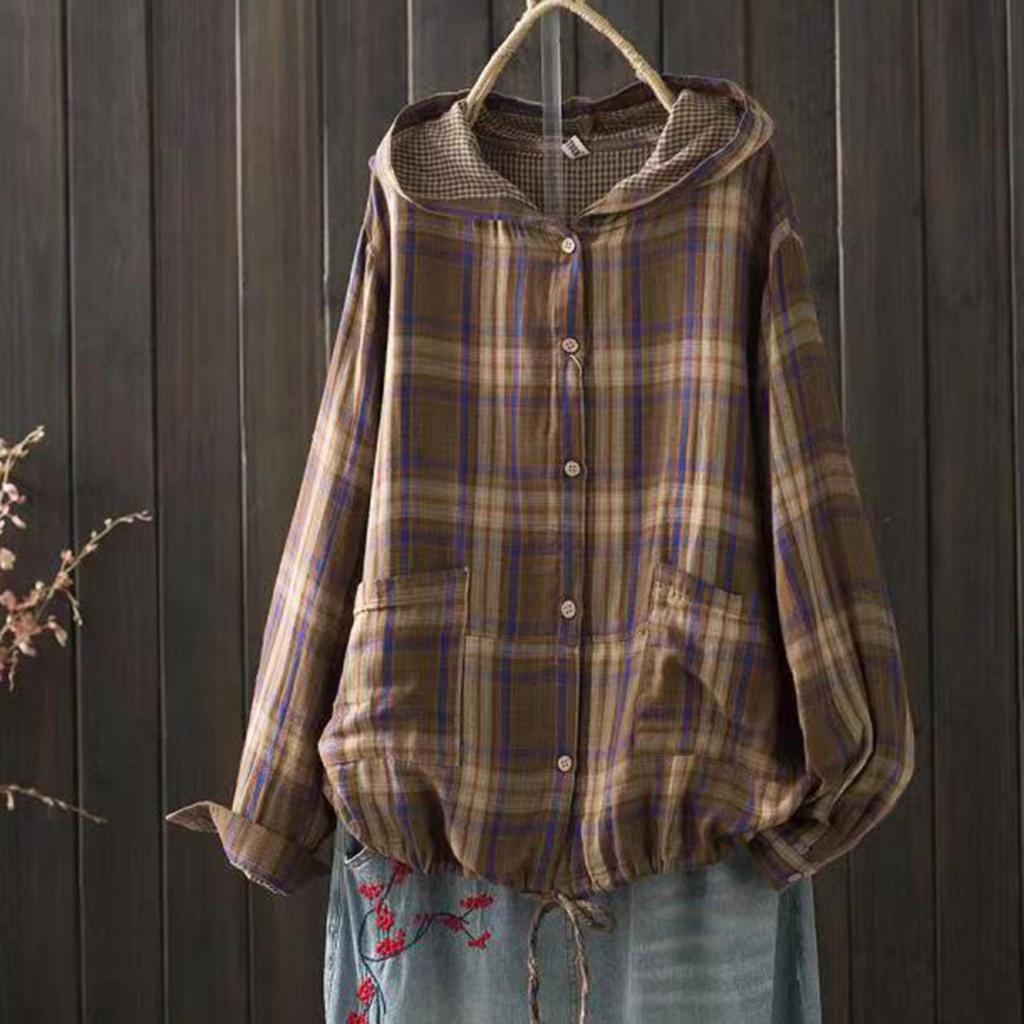 Women's Hooded Plaid Shirt Retro Casual Cardigan Jacket