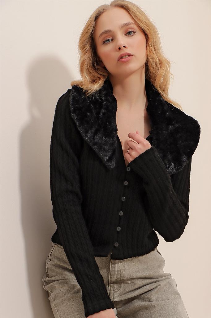 Женский кардиган, новый сезон, модный черный воротник с меховым детальным ажурным трикотажем, укороченный кардиган