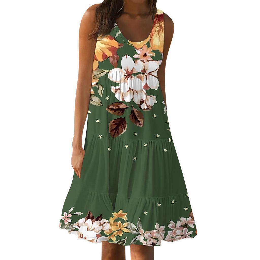 Гавайское платье для женщин, летние весенние плиссированные богемные платья, милые струящиеся пляжные платья без рукавов, прямые платья-майки, платья с круглым вырезом