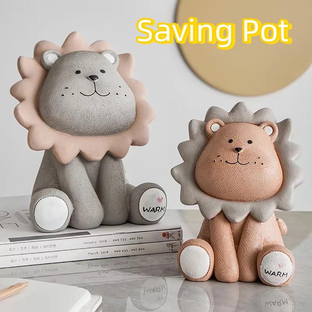 Nordic Style Lion Money Box Resistant Fall Saving Box Animal Figurines Piggy Bank Children Use